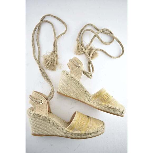 Christian Dior Granville 62K Gold Logo Lace Up Tie Espadrille Mule Heel Wedge 40 - Picture 4 of 11